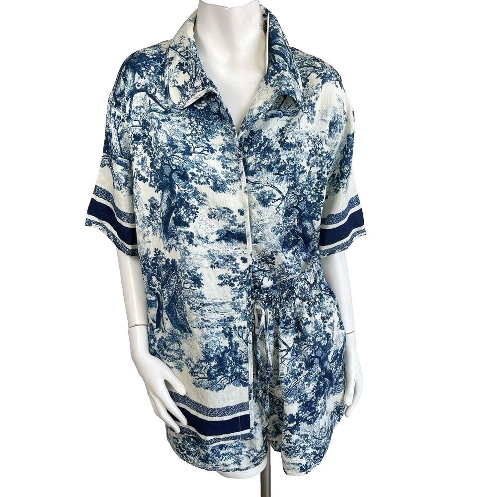 Commense Blue & White Scenic Print Shirt & Shorts Set XL – Coastal Resort Preppy